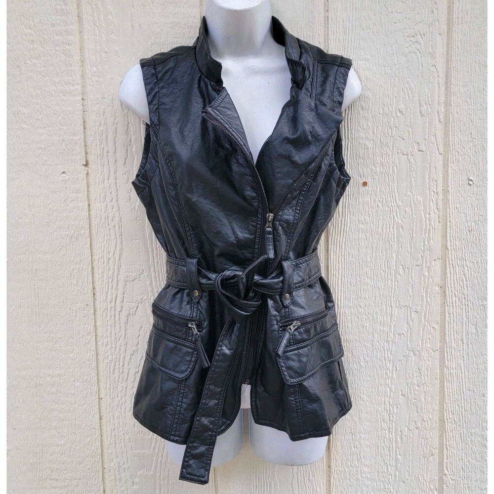 Black Faux Leather Moto Vest asymmetric zip front Sz M Goth Biker